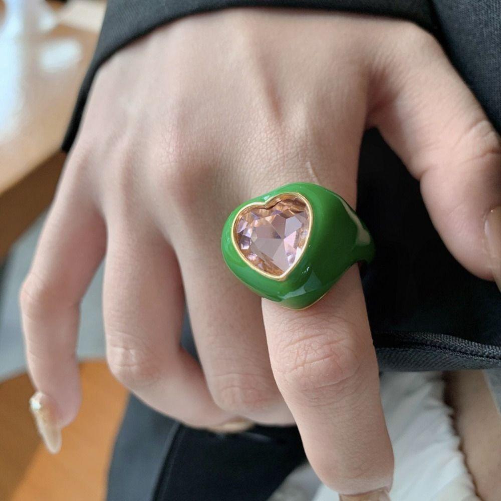 Geometric Dripping Oil Finger Buckle Korean Style Solid Color Ring Gemstone Heart Enamel Ring  Gift