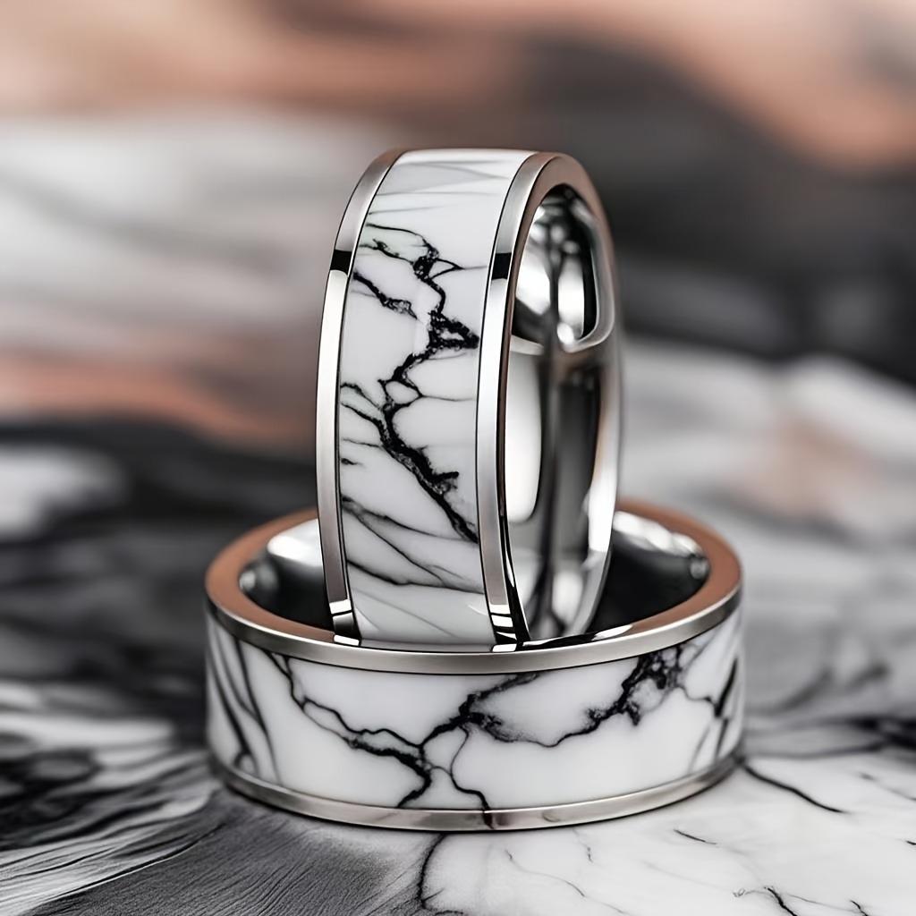 With Marble Pattern Inlay Fashion 8mm Silver Color Men Stainless Steel Rings for Men Wedding Band Jewelry Gift Drop Shipping