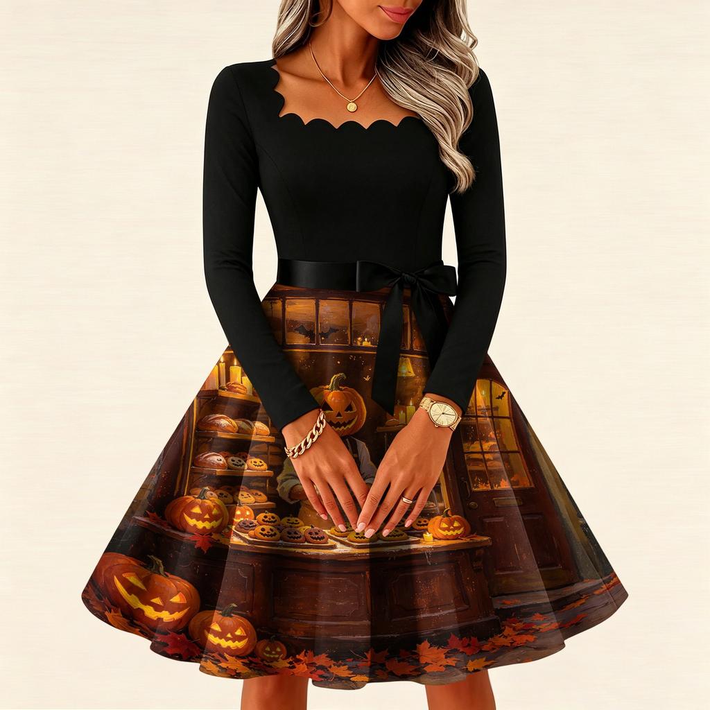 Women's Vintage Long Sleeve Square Neck Dress with Halloween Print for Party Evening Wear