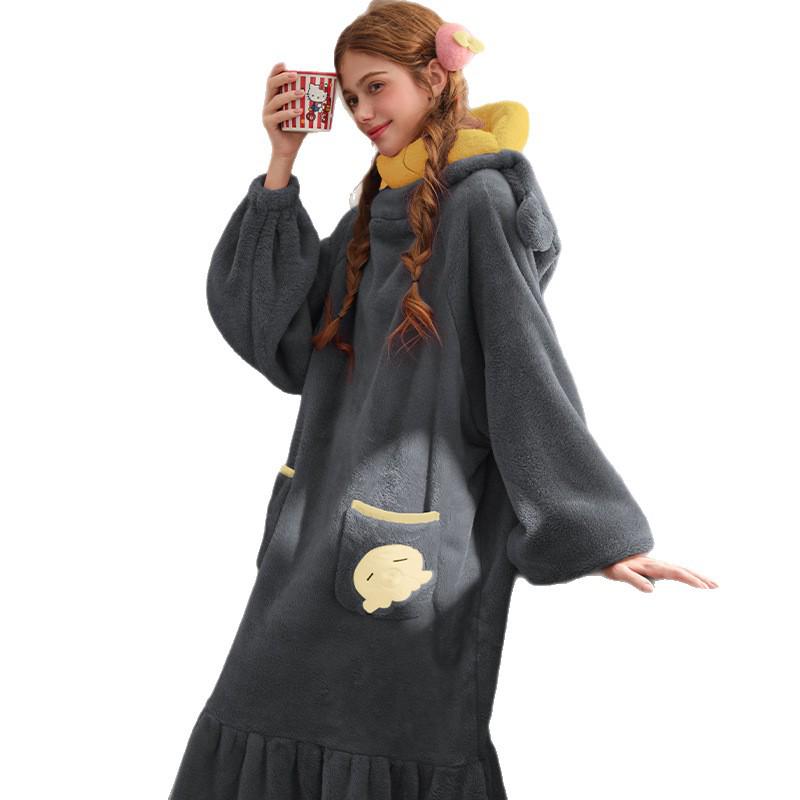 Rouxian Women's Cozy Coral Fleece Hooded Pajamas & Bathrobe for Autumn/Winter