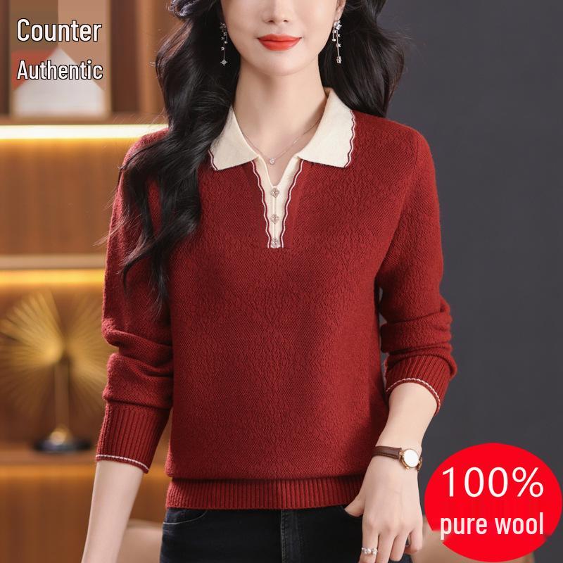Autumn-Winter Women's Fashionable Turn-Down Collar Wool Sweater - Versatile & Stylish Knitted Design for Moms