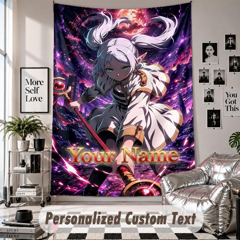 Custom Tapestry Wall Hanging, Frieren Beyond Journey's End Personalized Name Text Home Wall Decor