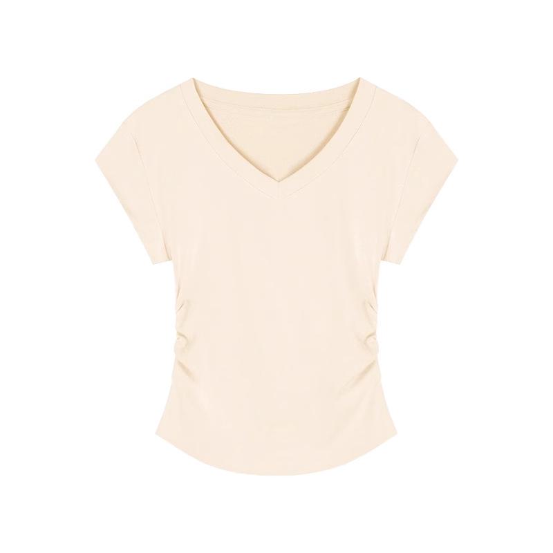 IZNK Women's Slim Fit V-Neck Pleated T-Shirt - Short-Sleeved, Summer 2025 Edition