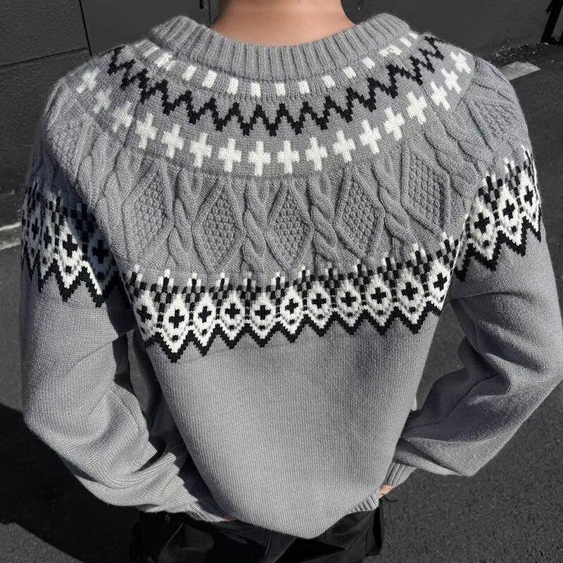 Men's Retro Jacquard Round Neck Knitwear - Loose Fit Pullover Sweater for Autumn/Winter 2025