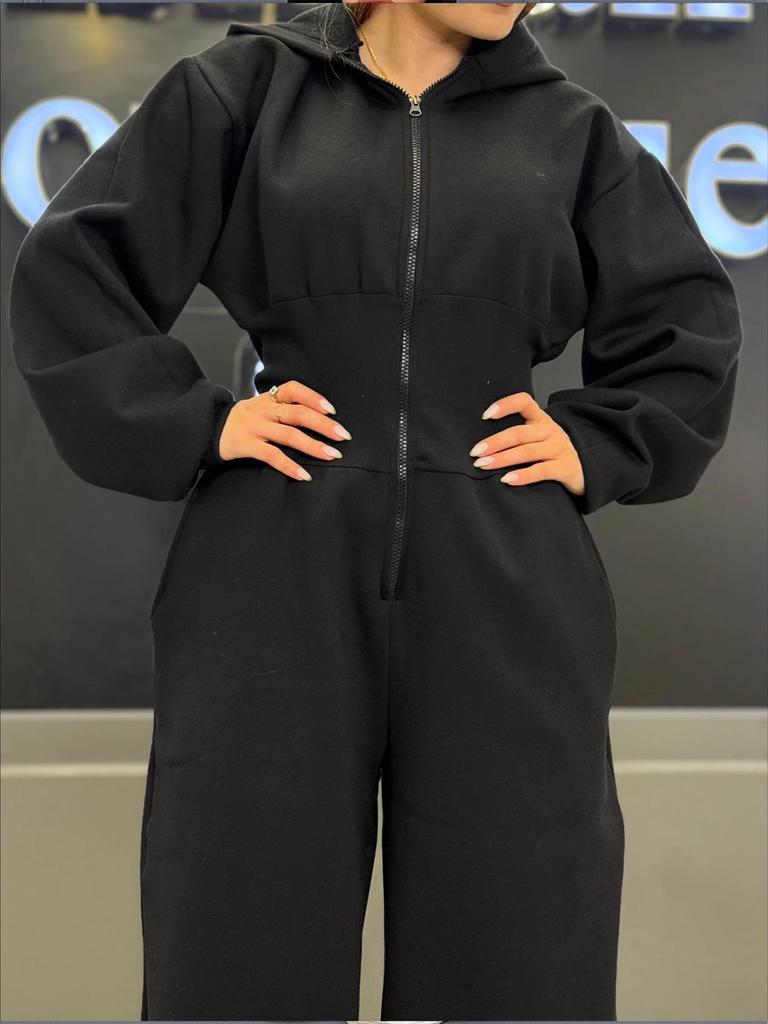 TW818 Women's Hooded Zip-Up Slimming Jumpsuit - Autumn/Winter, Elastic Waist, Solid Color