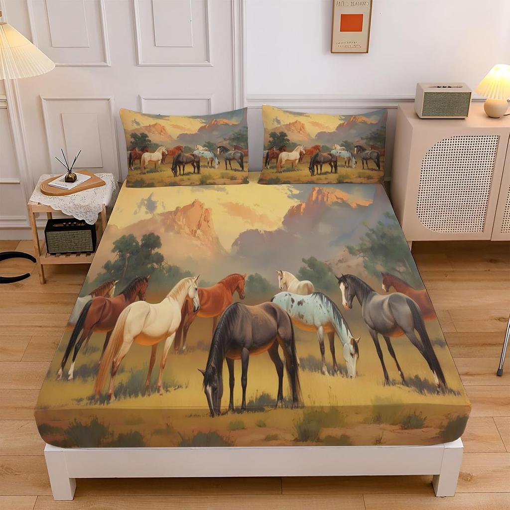 Single Fitted Sheets,Microfibre Fitted Bed Sheets Set, 30 cm Deep Pocket Fitted Sheet,Horse Print Bedsheets with Pillowcase