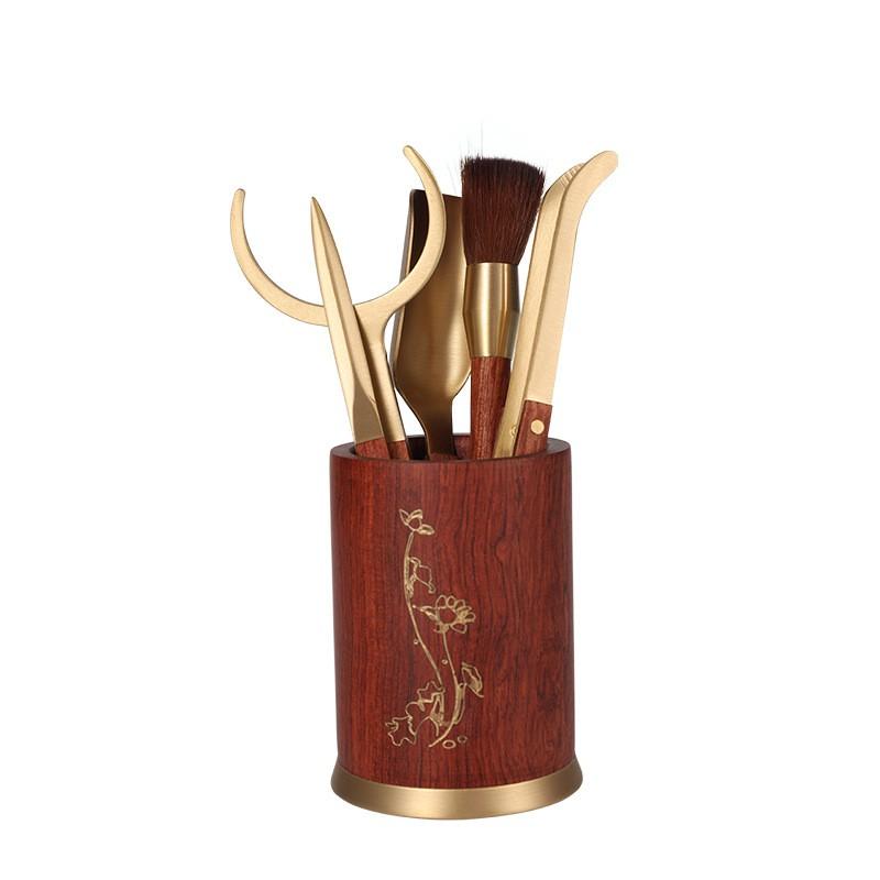 Wooden Tea Tools Set With Brass Accents Chinese Gongfu Accessories Puer Ceremony