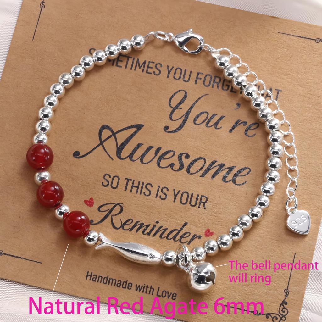 PANJBJ 925 Sterling Silver Red Agate Bead Bracelet for Women Fish Shape Retro Bead Design Versatile Jewelry Gifts Dropshipping