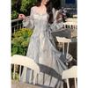 French Super Fairy Smudged Mist Square Collar Floral Dress Women's Gentle Wind Temperament Butterfly Ruffle Edge Skirt