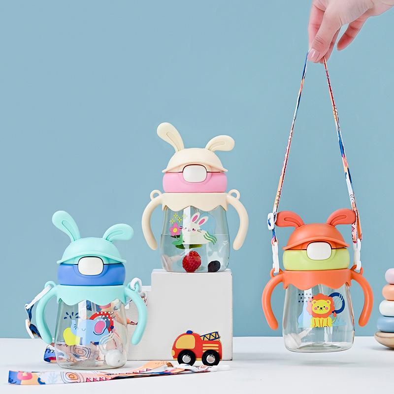 Kids' Cartoon Colorful Straw Water Bottle with Handle Strap - Portable Outdoor Plastic Cup
