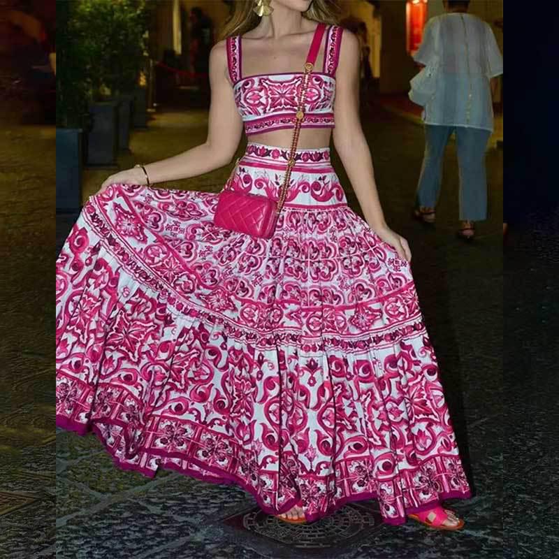 Spring 2026 Women s European  American Fashion Set: Sexy Printed Camisole and Flared Skirt S