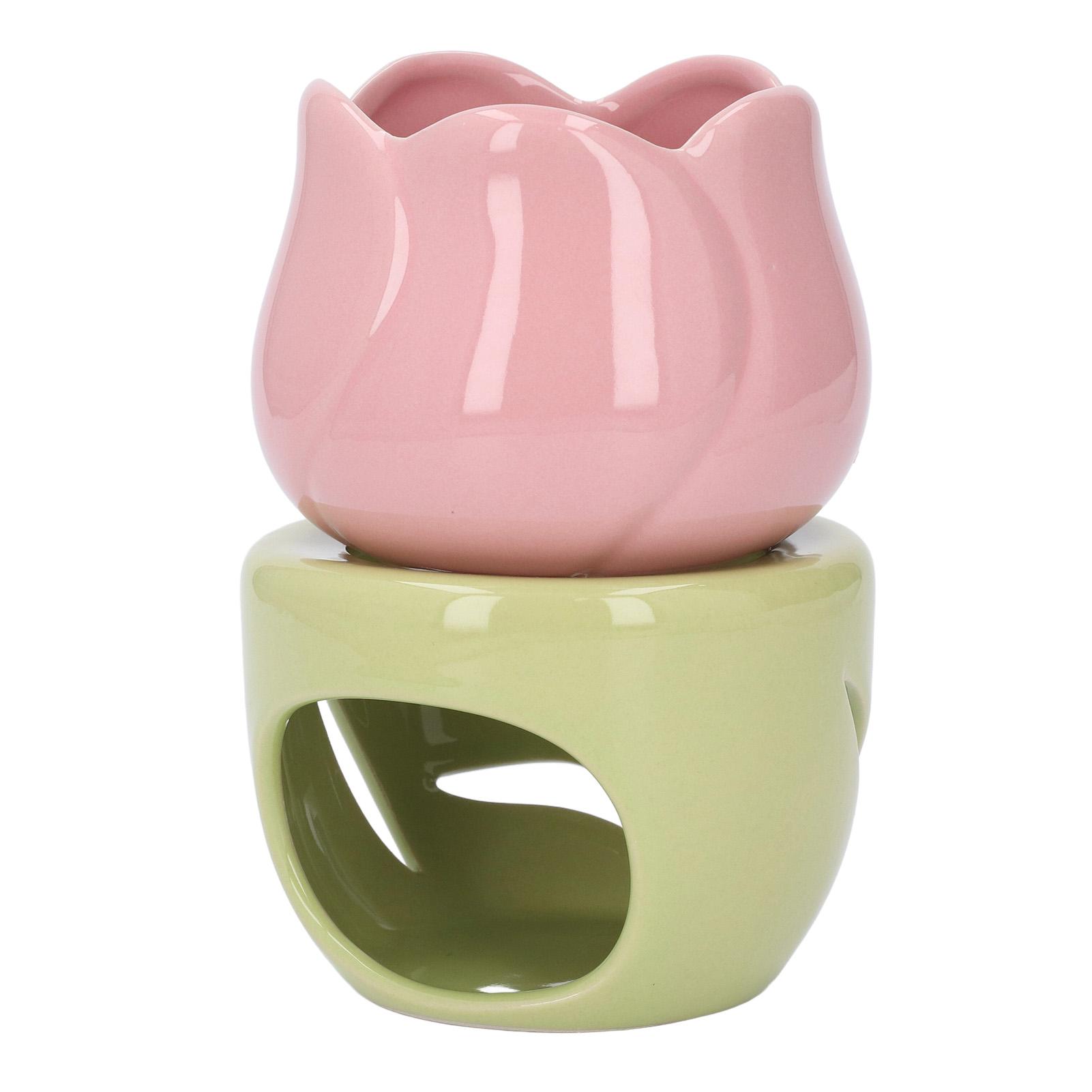 Pink Flower Shape Ceramic Aromatherapy Burner with Green Stand Tealight Candle Holder Essential Oil Burner