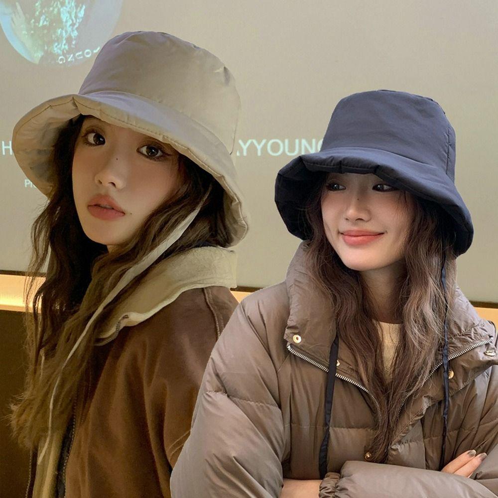 Portable Women Fisherman Hat Windproof Panama Caps Korean Down Cotton Bucket Hats Autumn Winter