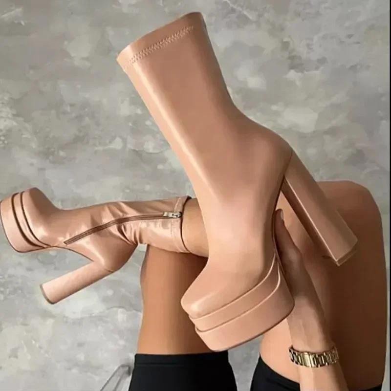 Dámské Sexy Robustní Vysoké Podpatky Kotníkové Boty 2025 Zima Nová Módní Platforma Pružnost Boty Punk Zip Silná Podrážka Kotníkové Boty