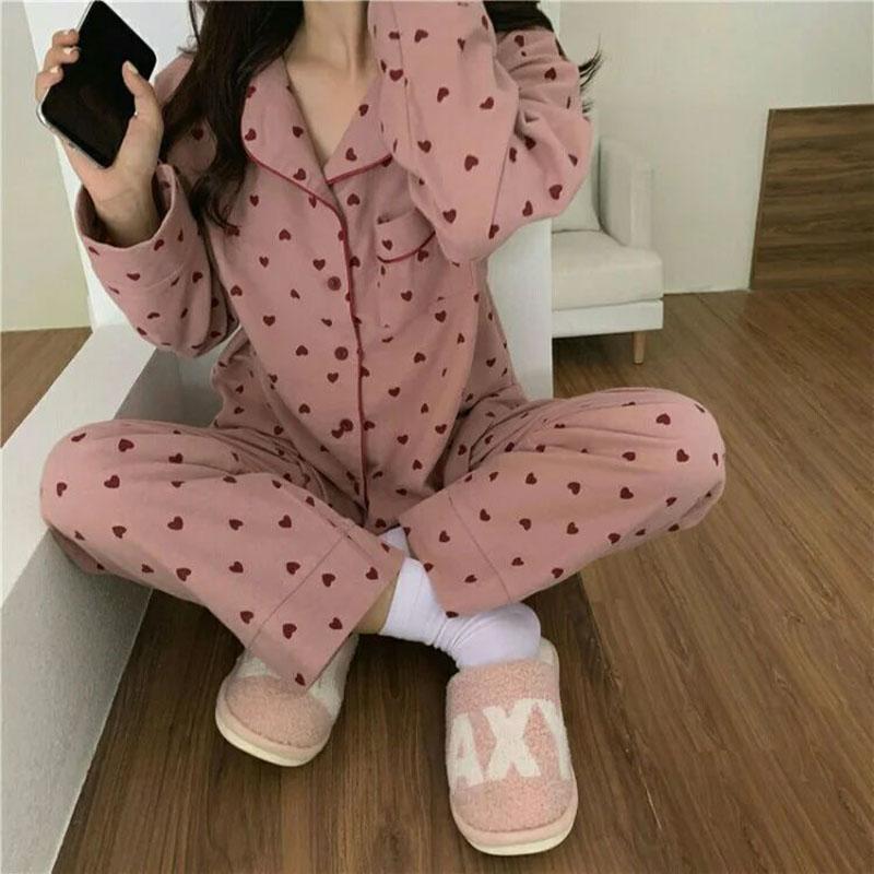 Sexy Nightwear Women Sleepwear Autumn and Winter Cardigan Home Wear Peach Heart Long Sleeves School Silk Pajamas