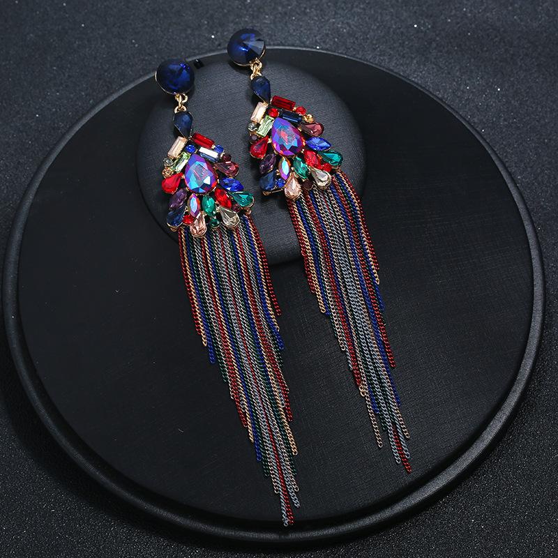 Long Crystal Fringed Stud Earrings Women's Retro Temperament Versatile Earrings Show Face Thin Fashion Personality New Earrings