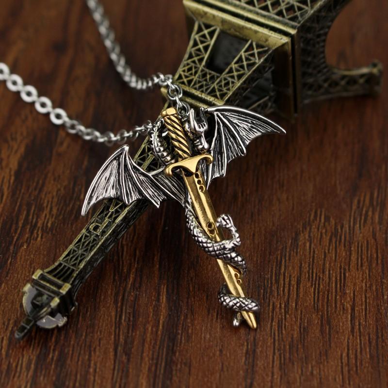 Pterosaur wrapped sword, necklace, punk rock style, Dragon Sword sweater chain, European and American fashion retro, metallic personality