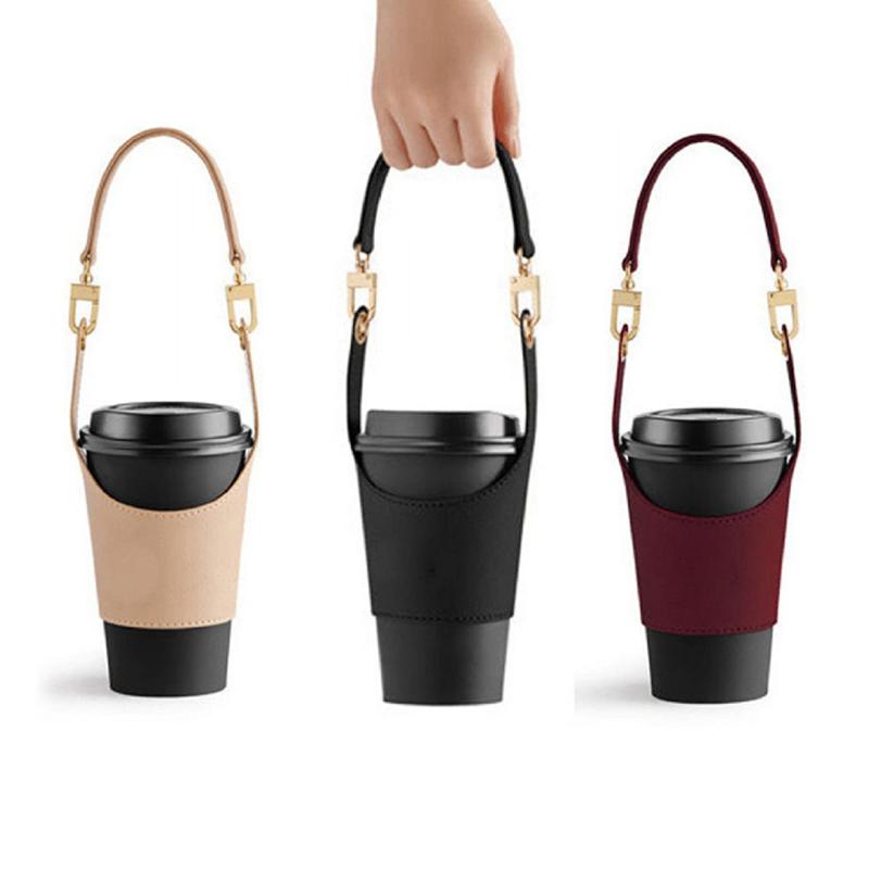 Leather Cup Cover Pouch Portable Water Bottle Sleeve Bag Leather Carrying Strap Insulating Cups Milk Tea Coffee Cups Accessories