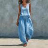 Damen Lässiges V-Ausschnitt Ärmelloses Oberteil und Weite Hosen Set Sommer Loungewear Zweiteiliges Outfit