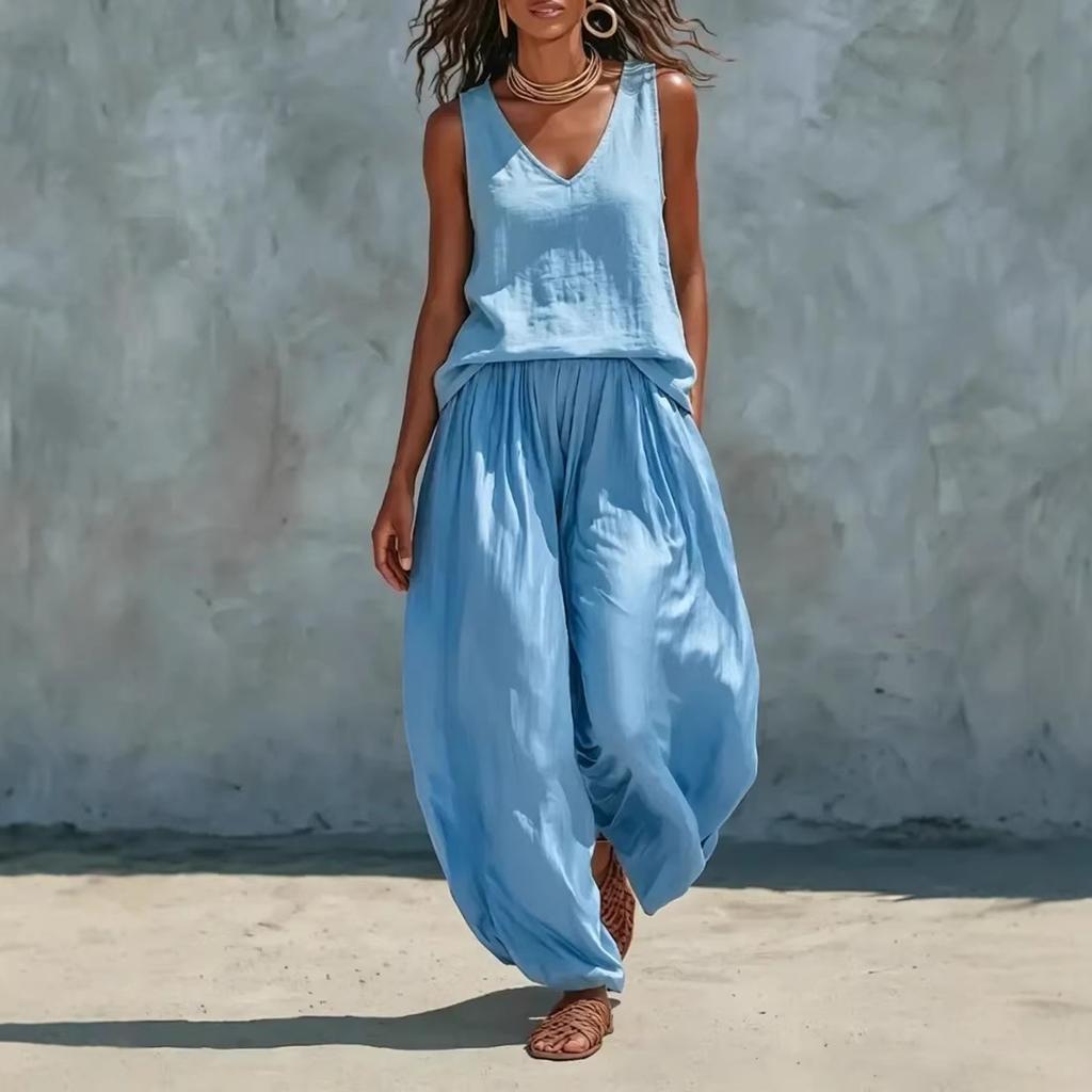 Damen Lässiges V-Ausschnitt Ärmelloses Oberteil und Weite Hosen Set Sommer Loungewear Zweiteiliges Outfit
