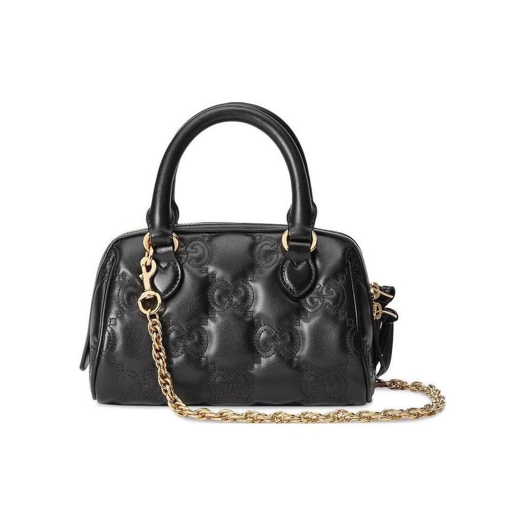 Gucci GG Matelassé Gold Logo Studded Design Canvas Shoulder Strap Leather Handle Boston Bag Small Women bags Black 727793-UM8HG-1046