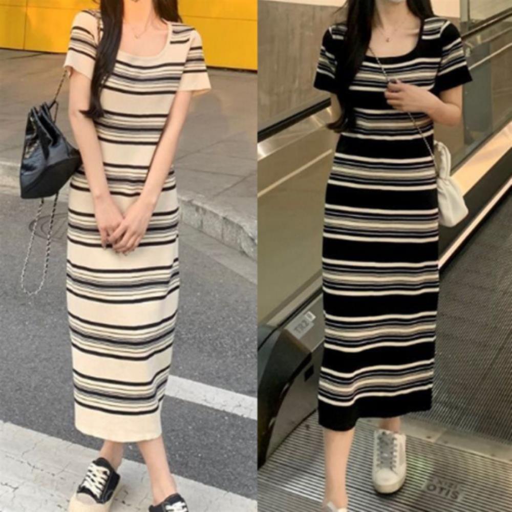 New Arrivals Open Run Women Color Block Square Neck Short Sleeve Long Dress
