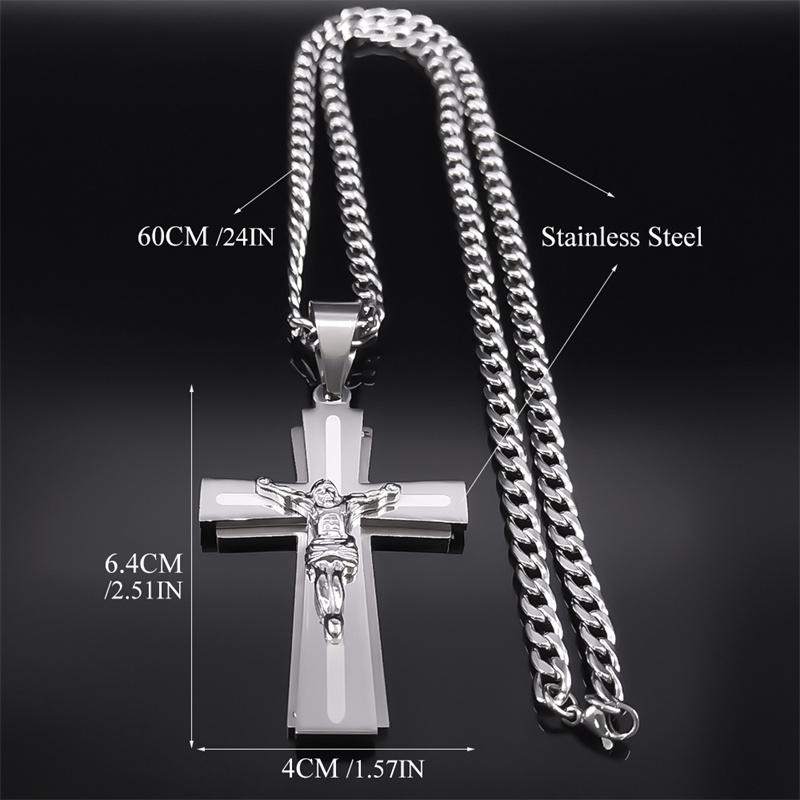 Collana con Croce di Gesù Acciaio Inossidabile Catena per Uomini Colore Argento Crocifisso Collane Religiose Gioielli Collare Cruz N2343S05
