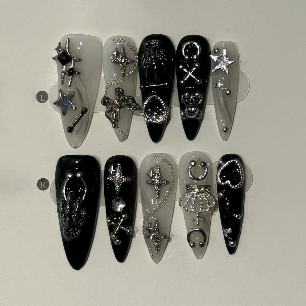 10Pcs 3D Black Bow Stiletto Press On Nails Y2K Retro Rhinestone Handmade Fake Nails Wearable False Nail Tips