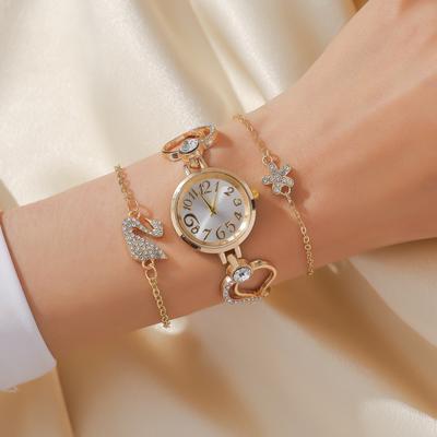 No Gift Box; New Style Niche Hollow-out Heart Diamond Watch Swan Flower Diamond Bracelet 3-piece Set