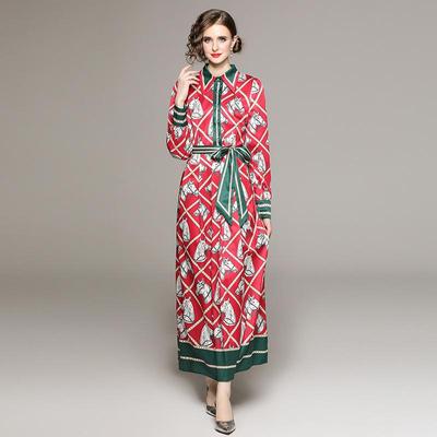 Fashion Designer Runway Bow Tie Belt Shirt Dress Women Full Sleeve Turn Down Collar Animal Print Colorblock Long Maxi Dresses