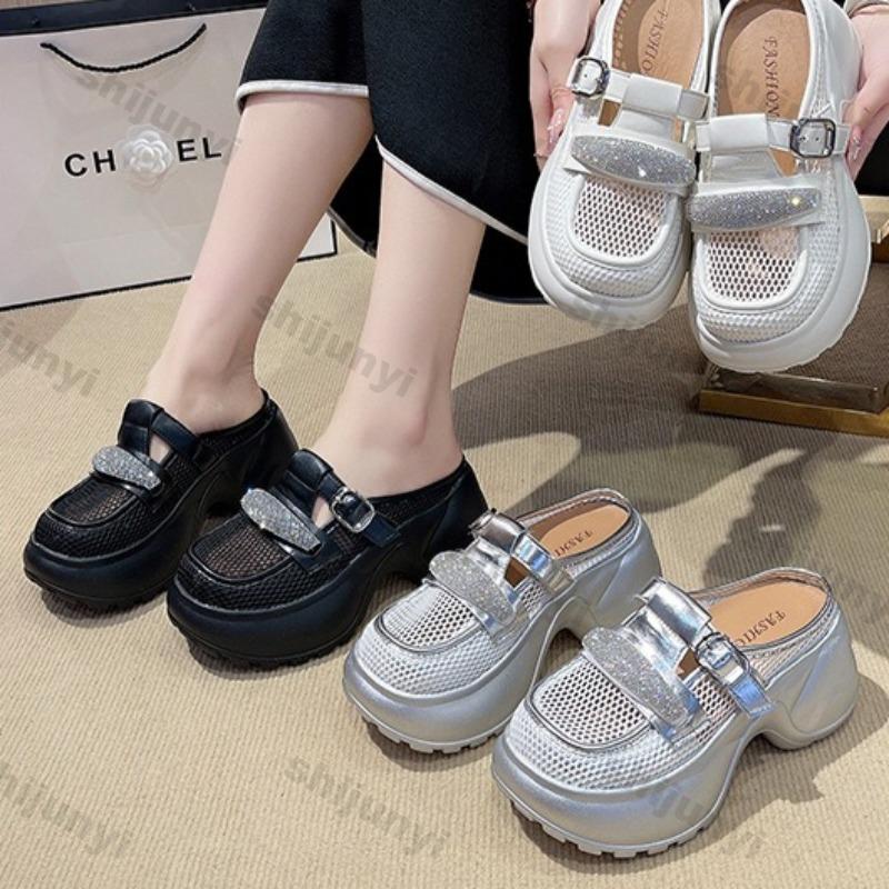 Fashion Thick Soled Casual Sandals Women's Summer 2025 Fashion Breathable Slope Heel Slippers Comfortable Buckle Design Half Drag Shoes