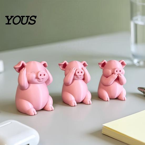 Cute Desktop Accessories for Workstation 3 Pcs Mini Pig Figurines, 3D Printed See Hear Speak No Evil Adorable Animal Figurine Home Decor Pink Statue,