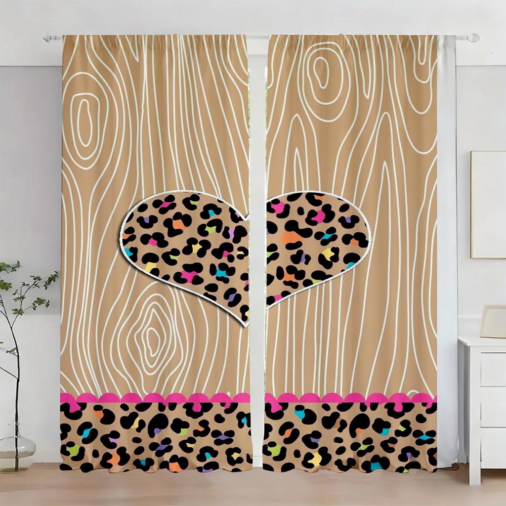 2er-Pack Stilvolle Holzmaserung und Buntes Leopardenherz Vorhänge Flaches 2D-Druckdesign Lichtfilternder Stoff Schlafzimmer Wohnzimmer