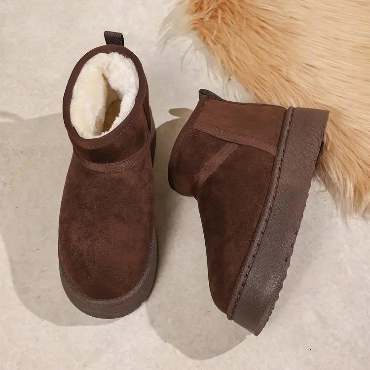 Winter Thick Bottom Fleece Lined Large Head Snow Boots Bread Cotton Shoes Over Ankle Rubber Sole Adult Pure Color Booties