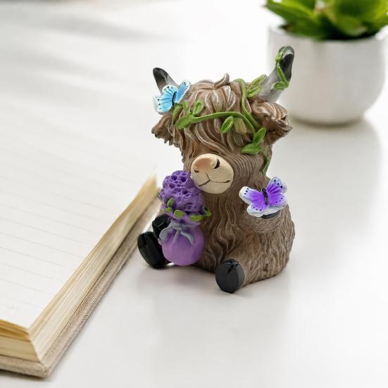 Chic Holiday Presents for Friends Lavender Highland Cow Resin Figurine, Cute Fluffy with Butterfly Bow & Floral Wreath, Pastoral Style Home