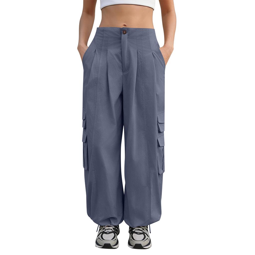 Women’s Loose Fit Wide Leg Cargo Pants with Multiple Pockets High Waist Button Closure Casual Trousers for Daily Wear