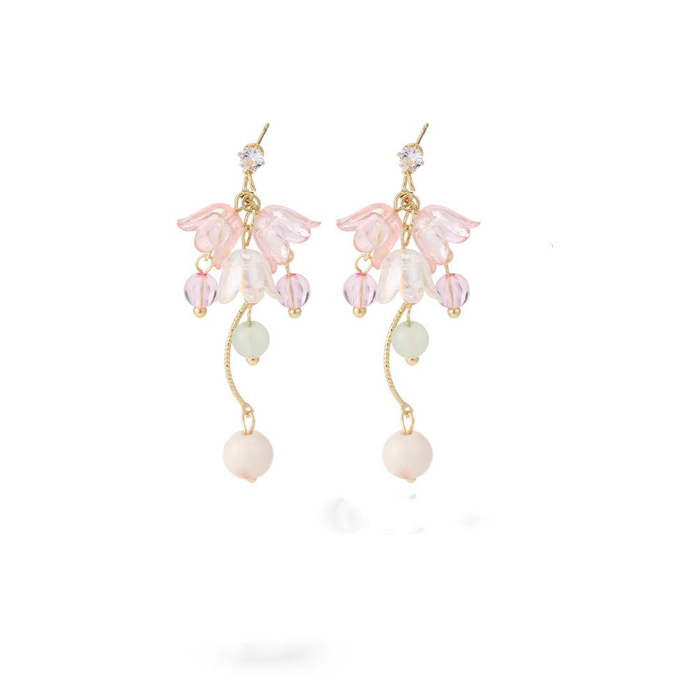 Sweet And Gentle Pink Long Color Lily Of The Valley Earrings, Fresh Girlish Temperament Fashionable Stud Earrings For Women