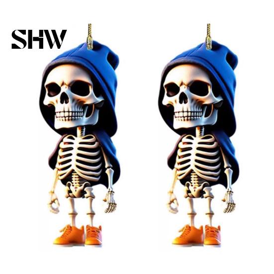 Creative Halloween Party Favors 2Pcs Hoodie Skeleton Ornaments, 2D Flat Acrylic Pendants, Gothic Car Rearview Mirror Hanging Ornament Style Ornaments
