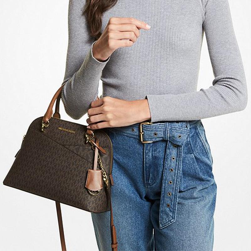 Michael Kors Mk Jet Set Monogram Logo Vintage Casual Commuter Canvas And Leather Shell Bag Women Shoulder Bag Dark-Brown 35H1GTVC2B-BROWN