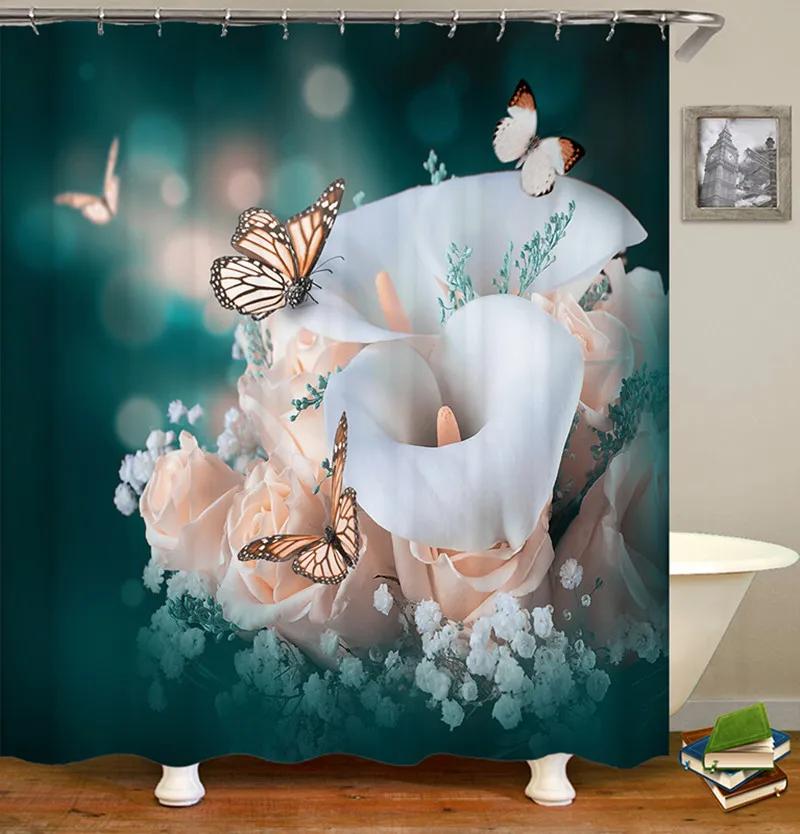 Czerwona róża Motyl Kwiaty Zasłona prysznicowa 3D Łazienka Zasłona Tkanina Wodoodporny Poliester Zmywalny Zestaw Zasłon Ekranowych do Kąpieli