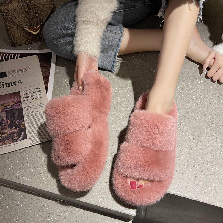 Mode Koreanische Doppelband Pelzpantoletten Damen warm flauschige Plateauschuhe dicksohlige Winterfleece Hausschuhe Damen Shearling Pantufa