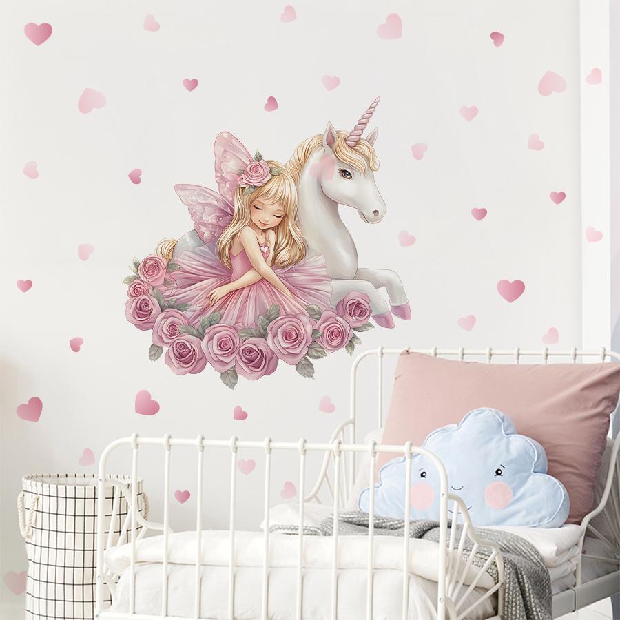 Cute Cartoon Girl & Unicorn Wall Decal Pink Heart Nursery Decor Waterproof Sticker for Kids Playroom Home Decoration