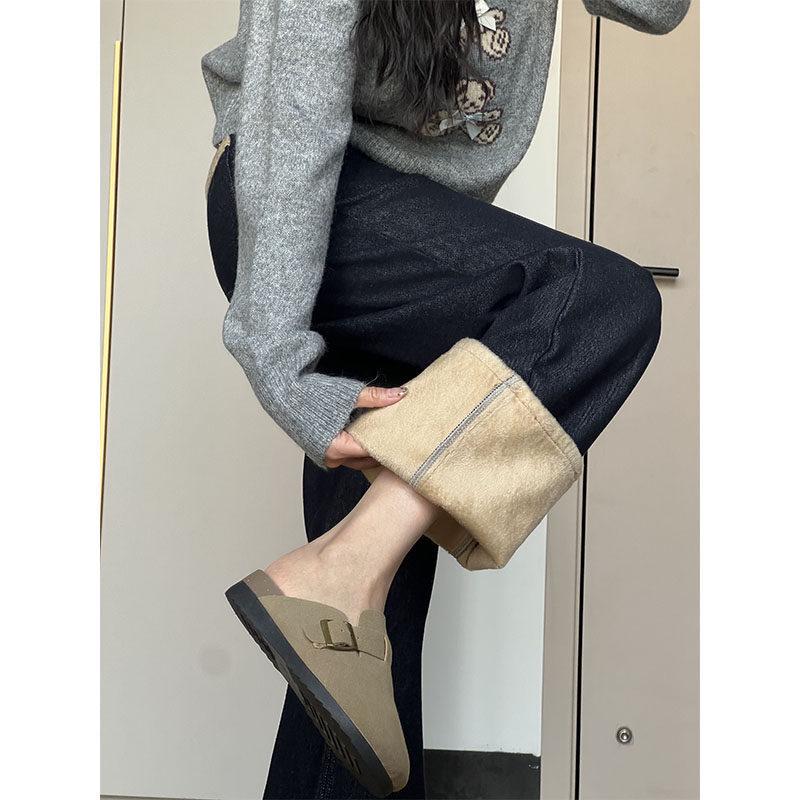 Women's Plus Size Dark Blue Fleece-Lined High Waist Straight Leg Jeans - Winter New Arrivals