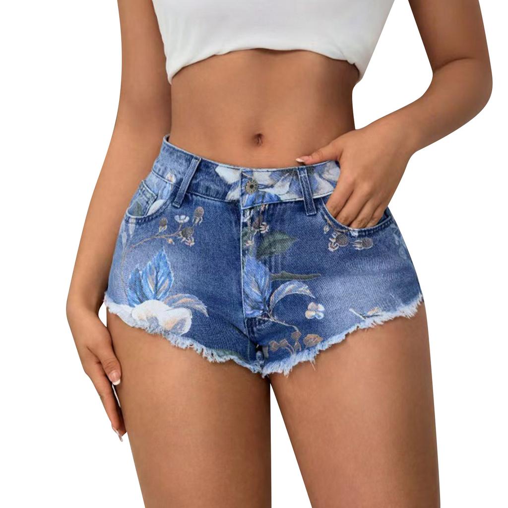 Women's High Waist Denim Shorts Classic Fit Distressed Hem Floral Print Casual Summer Bottoms for Outdoor Activities