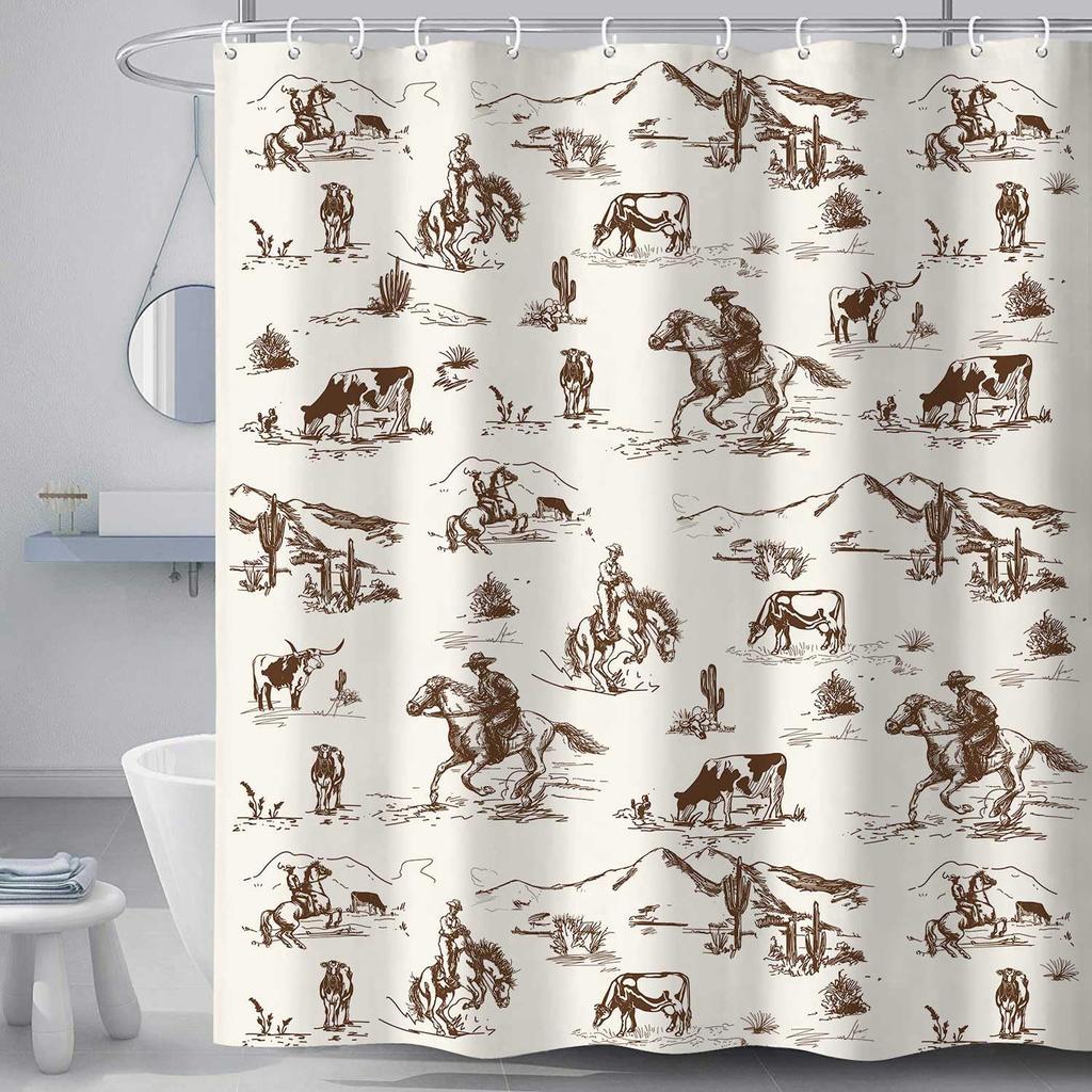 Western Denim Shower Curtain Farmhouse for Bathroom Village Cactus Desert Riding Shower Curtain with Hook 180x180cm