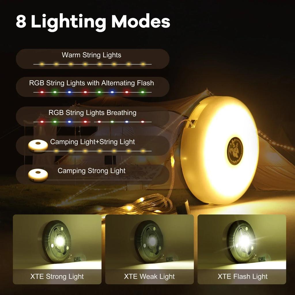 Multifunctional 4 In 1 Design Camping Light String USB Rechargeable Outdoor Tent Decor Light XTE LED Flashlight with Magnet Hook