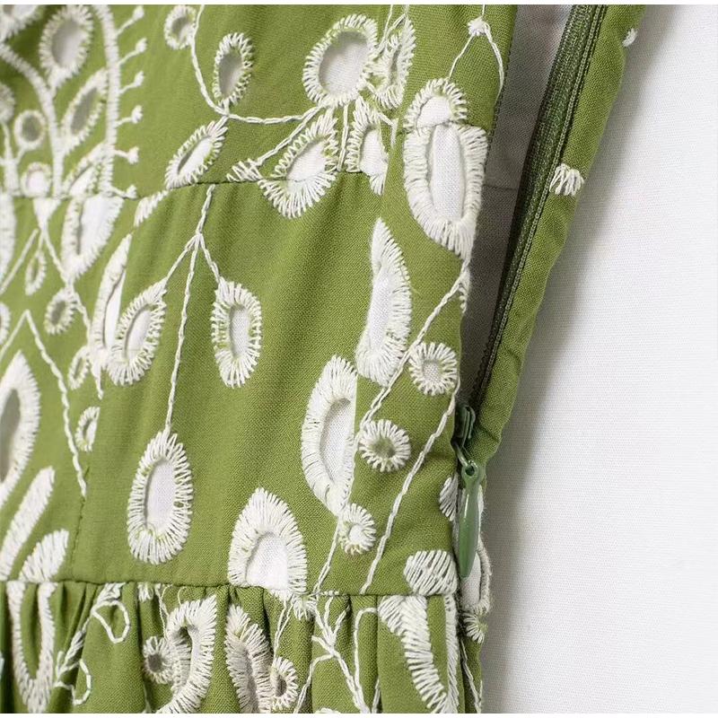 Printed Hollow Out Sling Women Dress Elegant Green Sleeveless Backless High Waist Dresses Female Summer Lady Beach Robe