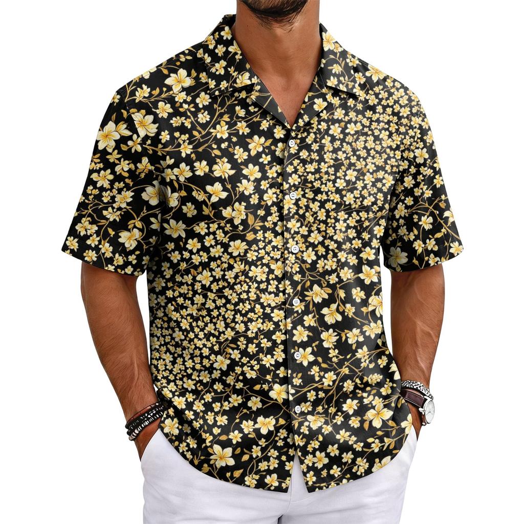 Men's Summer Hawaiian Print Cuban Collar Shirt Short Sleeve Button Down Casual Beach Shirt Lightweight Breathable Fabric