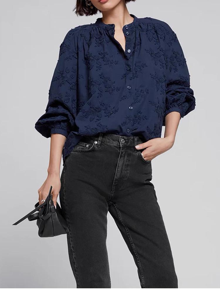 French Embroidered Women's Long Sleeve Cotton Blouse - High-End Autumn Collection