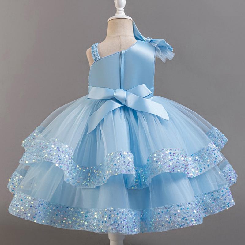 Girls Beaded Bow Tie Sequin Mesh Children's Sleeveless Evening Dress School Graduation Party Multi Layered Dress